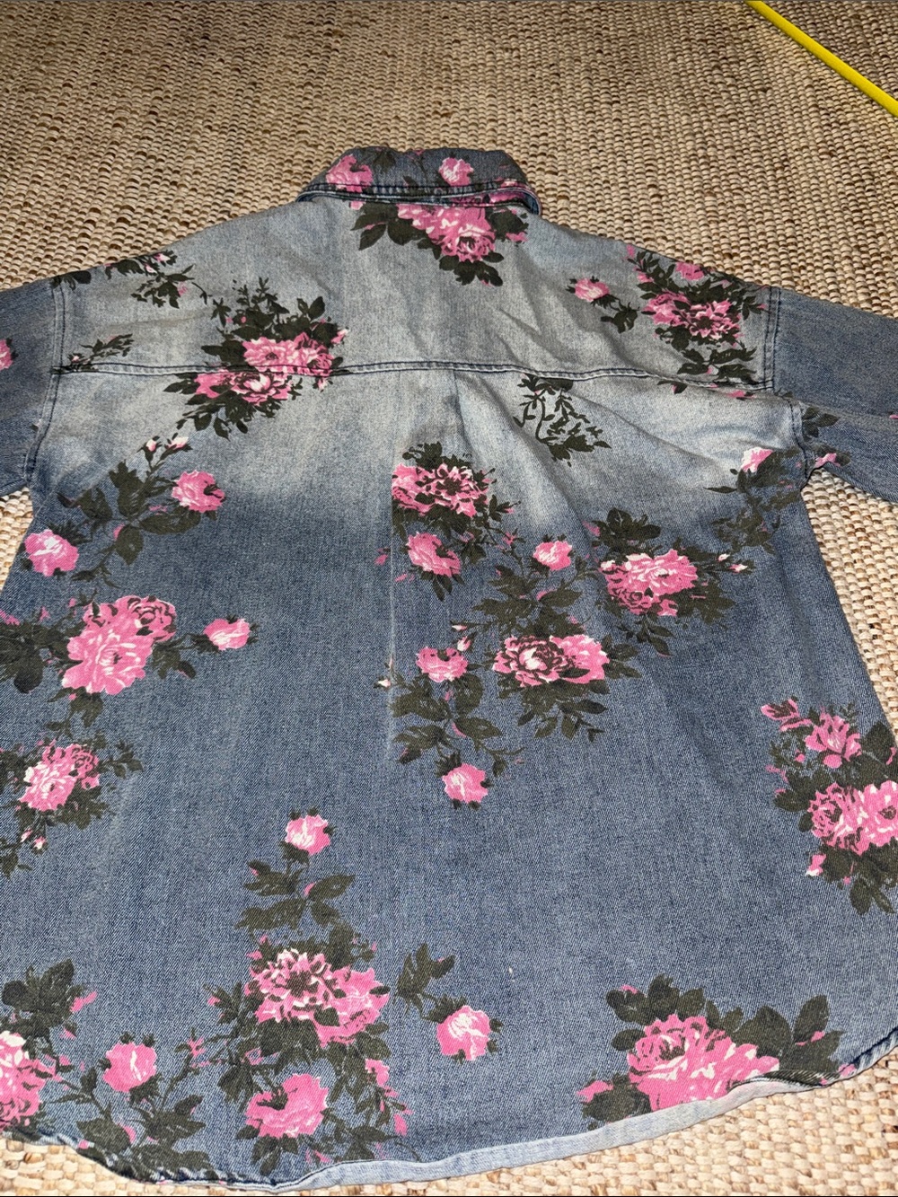 Floral Denim Button-Up Jean Shirt with Pink Roses. Rustic western cowgirl rodeo - Picture 8 of 8